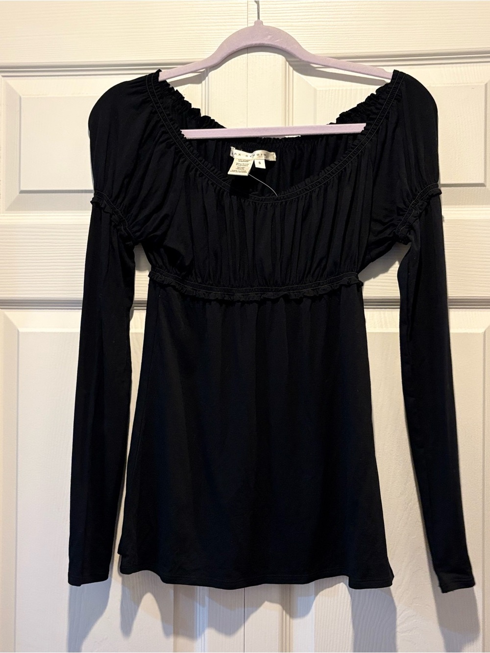Max Studio Black Long-Sleeve Smocked Ruched Milkmaid Babydoll Y2K Top Sz S NEW